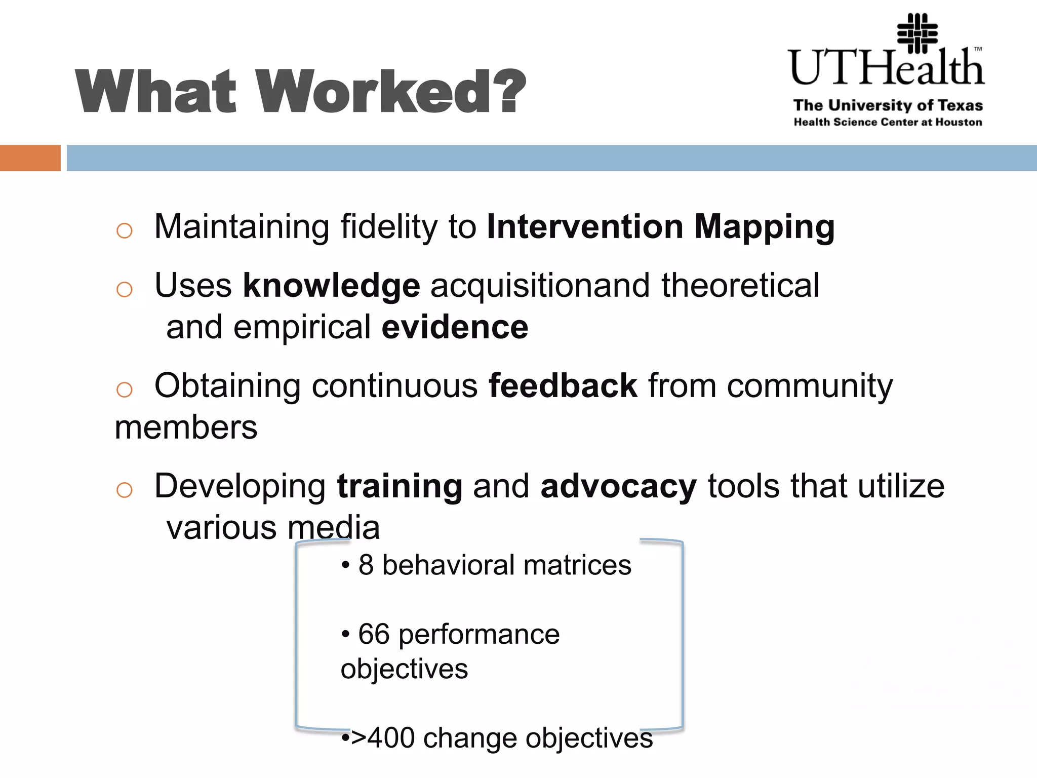 What Worked?  Maintaining fidelity to Intervention Mapping