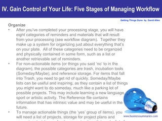 Organize After you’ve completed your processing stage, you will have eight categories of reminders and materials that will result from your processing (see workflow diagram).  Together they make up a system for organizing just about everything that’s on your plate.  All of these categories need to be organized and physically contained in some form, such as a list or another retrievable set of reminders.  For non-actionable items (or things you said ‘no’ to in the diagram), the possible categories are trash, incubation tools (Someday/Maybe), and reference storage. For items that fall into Trash, you need to get rid of quickly. Someday/Maybe lists can be useful and inspiring, as they contain a list of things you might want to do someday, much like a parking lot of possible projects. This may include learning a new language, sport or artistic activity. The Reference file contains information that has intrinsic value and may be useful in the future. To manage actionable things (the ‘yes’ group of items), you will need a list of projects, storage for project plans and support materials, a calendar, a next actions list, and a list of reminders of things you’re waiting for. IV. Gain Control of Your Life: Five Stages of Managing Workflow 