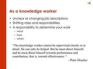 As a knowledge worker Unclear or changing job descriptions Shifting roles and responsibilities A responsibility to determine your work  what how when “ The knowledge worker cannot be supervised closely or in detail. He can only be helped. But he must direct himself, and he must direct himself towards performance and contribution, that is, toward effectiveness. “ - Peter Drucker 