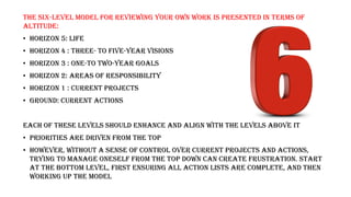 The Six-Level Model for Reviewing Your Own Work is presented in terms of
altitude:
• Horizon 5: Life
• Horizon 4 : Three- to five-year visions
• Horizon 3 : One-to two-year goals
• Horizon 2: Areas of responsibility
• Horizon 1 : Current projects
• Ground: Current actions
Each of these levels should enhance and align with the levels above it
• Priorities are driven from the top
• However, without a sense of control over current projects and actions,
trying to manage oneself from the top down can create frustration. start
at the bottom level, first ensuring all action lists are complete, and then
working up the model
 