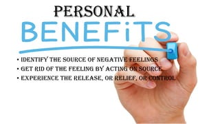 Personal
• Identify the Source of negative feelings
• Get rid of the feeling by acting on source
• Experience the release, or relief, or control
 