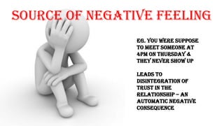 Source of Negative Feeling
Eg. You were suppose
to meet someone at
4pm on Thursday &
they never show up
leads to
disintegration of
trust in the
relationship – an
automatic negative
consequence
 