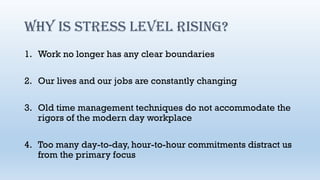 WHY IS STRESS LEVEL RISING?
1. Work no longer has any clear boundaries
2. Our lives and our jobs are constantly changing
3. Old time management techniques do not accommodate the
rigors of the modern day workplace
4. Too many day-to-day, hour-to-hour commitments distract us
from the primary focus
 