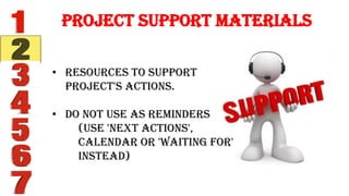 • Resources to support
project's actions.
• Do not use as reminders
(use 'next actions',
calendar or 'waiting for'
instead)
Project Support Materials
 
