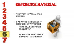 • Items that have no action
required
• If an action is required, it
belongs in an 'action' list
that will be reviewed
frequently
It means that it contain
important information
Reference Material
 