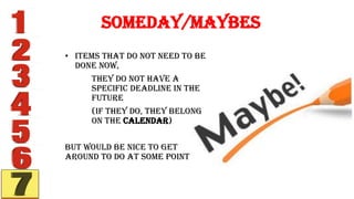 • Items that do not need to be
done now,
They do not have a
specific deadline in the
future
(if they do, they belong
on the Calendar)
but would be nice to get
around to do at some point
Someday/Maybes
 