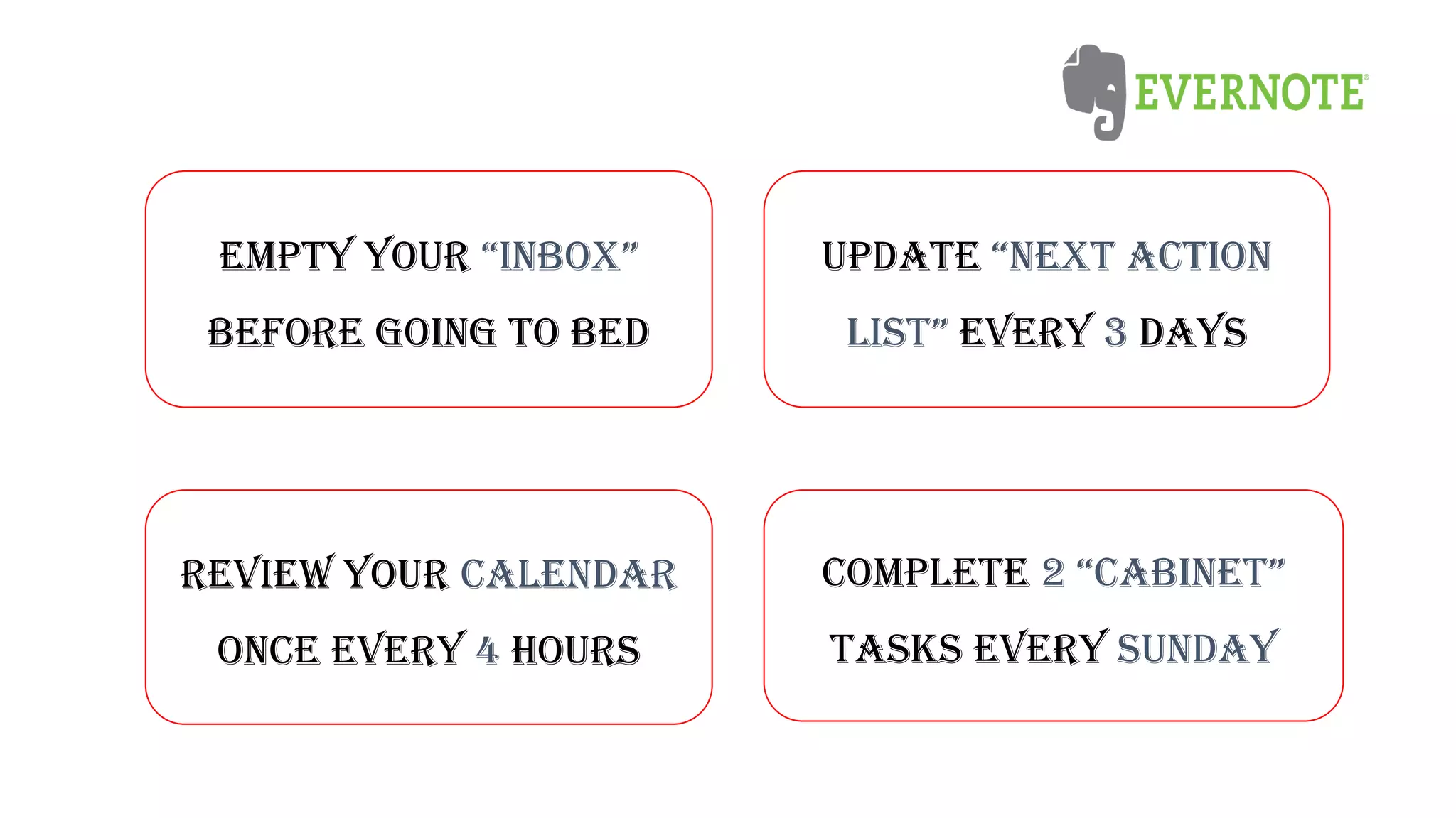 update “NEXT ACTION
LIST” every 3 days
Review your calendar
once every 4 hours
complete 2 “CABINET”
tasks every Sunday
EMPTY your “INBOX”
before going to bed
 