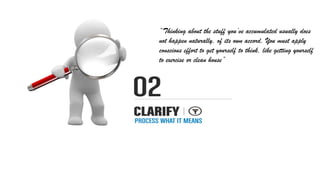 “Thinking about the stuff you’ve accumulated usually does
not happen naturally, of its own accord. You must apply
conscious effort to get yourself to think, like getting yourself
to exercise or clean house”
 