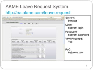 AKME Leave Request System6http://ea.akme.com/leave.requestSystem:IntranetLogin: network loginPassword:network passwordVPN Required:YesPoC: hr@akme.com