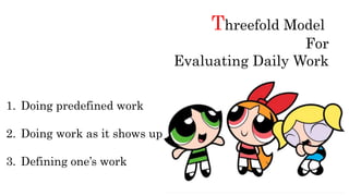 Threefold Model
For
Evaluating Daily Work
1. Doing predefined work
2. Doing work as it shows up
3. Defining one’s work
 