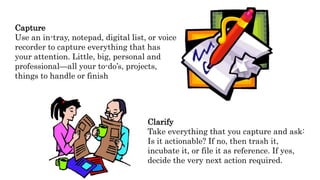 Capture
Use an in-tray, notepad, digital list, or voice
recorder to capture everything that has
your attention. Little, big, personal and
professional—all your to-do’s, projects,
things to handle or finish
Clarify
Take everything that you capture and ask:
Is it actionable? If no, then trash it,
incubate it, or file it as reference. If yes,
decide the very next action required.
 