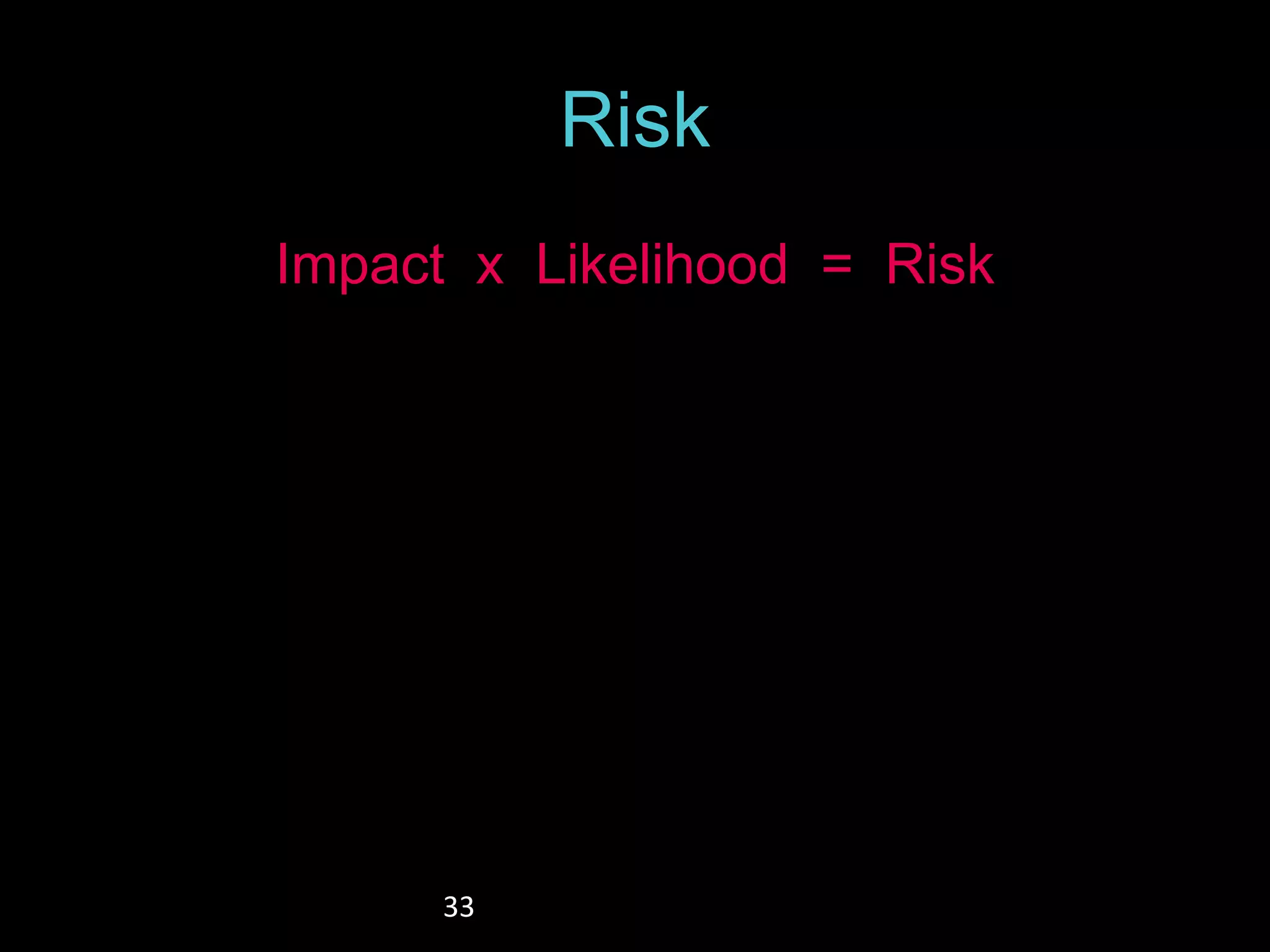 33 
Risk 
Impact x Likelihood = Risk 
 