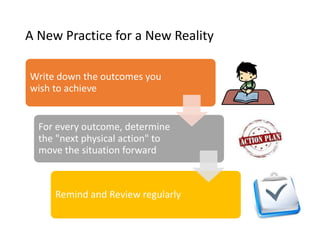 A New Practice for a New Reality
Write down the outcomes you
wish to achieve
For every outcome, determine
the "next physical action" to
move the situation forward
Remind and Review regularly
 