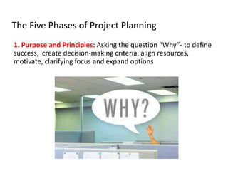 1. Purpose and Principles: Asking the question “Why”- to define
success, create decision-making criteria, align resources,
motivate, clarifying focus and expand options
The Five Phases of Project Planning
 