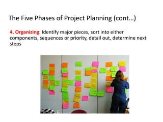 The Five Phases of Project Planning (cont…)
4. Organizing: Identify major pieces, sort into either
components, sequences or priority, detail out, determine next
steps
 