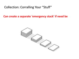 Collection: Corralling Your “Stuff”
Can create a separate 'emergency stack' if need be
 