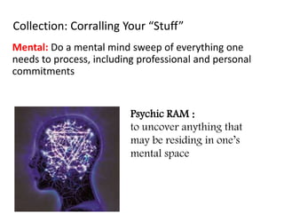 Collection: Corralling Your “Stuff”
Mental: Do a mental mind sweep of everything one
needs to process, including professional and personal
commitments
Psychic RAM :
to uncover anything that
may be residing in one’s
mental space
 