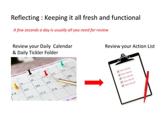 Review your Daily Calendar
& Daily Tickler Folder
Review your Action List
Reflecting : Keeping it all fresh and functional
A few seconds a day is usually all you need for review
 
