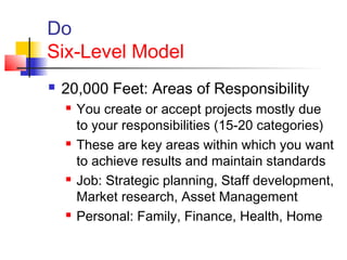 Do
Six-Level Model
 20,000 Feet: Areas of Responsibility
 You create or accept projects mostly due
to your responsibilities (15-20 categories)
 These are key areas within which you want
to achieve results and maintain standards
 Job: Strategic planning, Staff development,
Market research, Asset Management
 Personal: Family, Finance, Health, Home
 