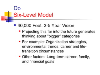 Do
Six-Level Model
 40,000 Feet: 3-5 Year Vision
 Projecting this far into the future generates
thinking about “bigger” categories
 For example: Organization strategies,
environmental trends, career and life-
transition circumstances
 Other factors: Long-term career, family,
and financial goals
 