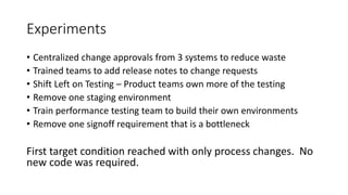 Experiments
• Centralized change approvals from 3 systems to reduce waste
• Trained teams to add release notes to change requests
• Shift Left on Testing – Product teams own more of the testing
• Remove one staging environment
• Train performance testing team to build their own environments
• Remove one signoff requirement that is a bottleneck
First target condition reached with only process changes. No
new code was required.
 