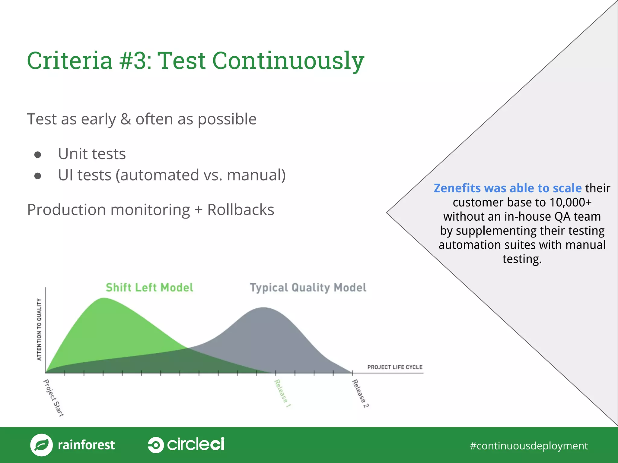 #continuousdeployment
Criteria #3: Test Continuously
Test as early & often as possible
● Unit tests
● UI tests (automated vs. manual)
Production monitoring + Rollbacks
Zenefits was able to scale their
customer base to 10,000+
without an in-house QA team
by supplementing their testing
automation suites with manual
testing.
 