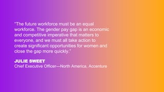 “The future workforce must be an equal
workforce. The gender pay gap is an economic
and competitive imperative that matters to
everyone, and we must all take action to
create significant opportunities for women and
close the gap more quickly.”
JULIE SWEET
Chief Executive Officer—North America, Accenture
 