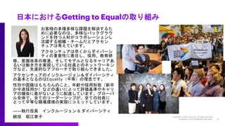 日本におけるGetting to Equalの取り組み
お客様の多種多様な課題を解決するた
めに必要なのは、多様なバックグラウ
ンドを持つ人材がコラボレーションし
活躍する組織・チームだとアクセン
チュアは考えています。
アクセンチュアは早くからダイバーシ
ティの重要性に着目し、採用、教育研
修、意識改革の推進、そしてモデルとなるキャリアあ
るいは働き方を実現している社員とのネットワーキン
グなど、先進的なアプローチで取り組んできました。
アクセンチュアのインクルージョン＆ダイバーシティ
の基本となるのはEquality（平等）の理念です。
性別や国籍はもちろんのこと、年齢や採用形態（新卒
か中途採用か）などの違いによって評価基準やキャリ
アの機会に差がないように配慮しています。グローバ
ル全体で、全てのリーダーシップが、全ての社員に
とって平等な職場環境の実現にコミットしています。
――執行役員 インクルージョン & ダイバーシティ
統括 堀江章子
 
