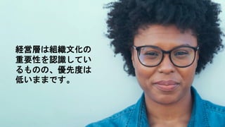 経営層は組織文化の
重要性を認識してい
るものの、優先度は
低いままです。
 