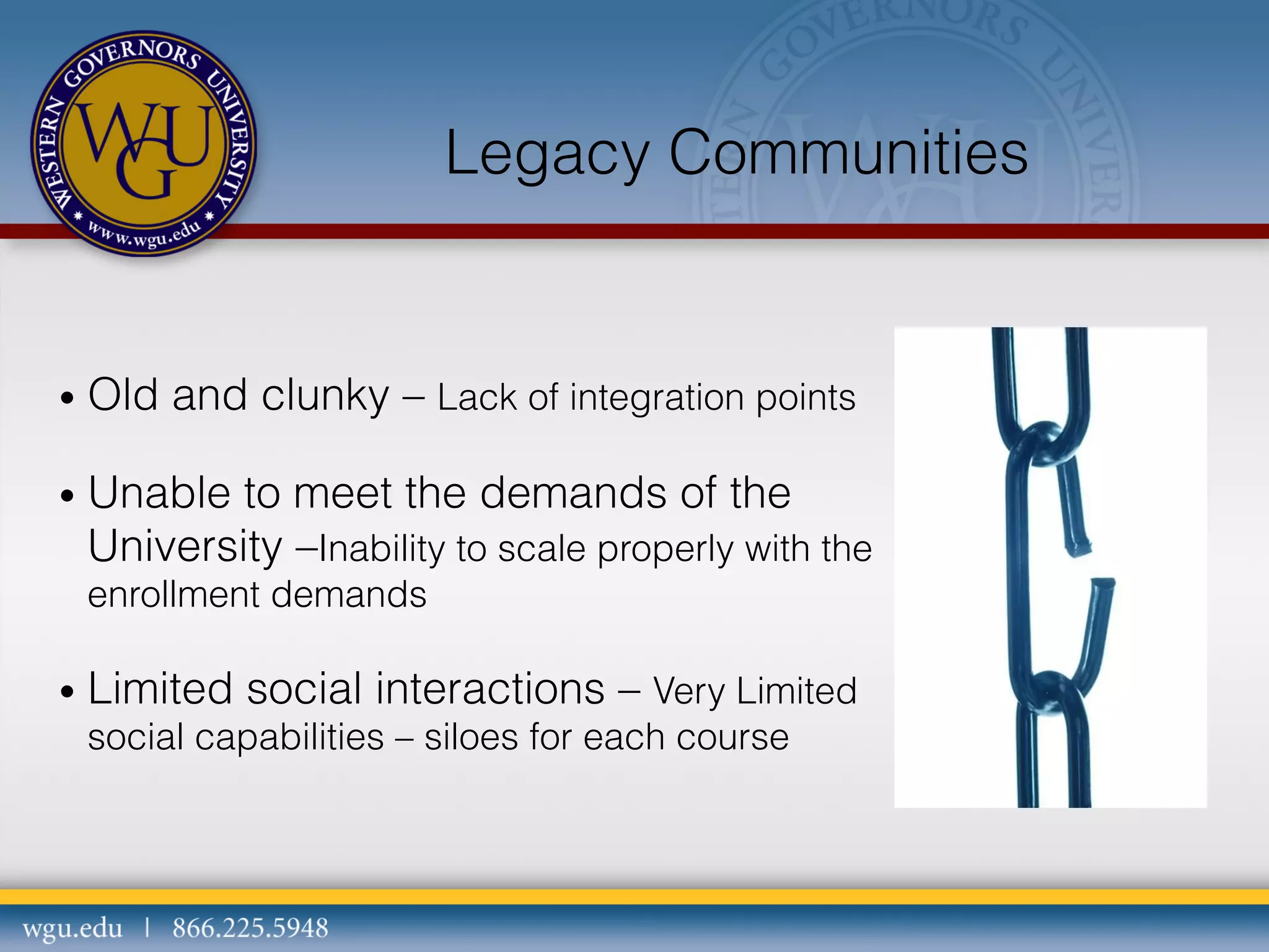 Legacy Communities

•  Old

and clunky – Lack of integration points

•  Unable

to meet the demands of the
University –Inability to scale properly with the
enrollment demands

•  Limited

social interactions – Very Limited

social capabilities – siloes for each course

 