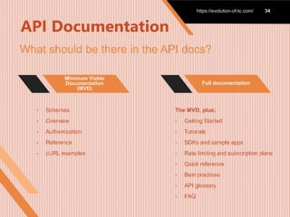API Documentation
https://evolution-of-tc.com/ 34
What should be there in the API docs?
Minimum Viable
Documentation
(MVD)
• Schemas
• Overview
• Authentication
• Reference
• cURL examples
Full documentation
The MVD, plus:
• Getting Started
• Tutorials
• SDKs and sample apps
• Rate limiting and subscription plans
• Quick reference
• Best practices
• API glossary
• FAQ
 