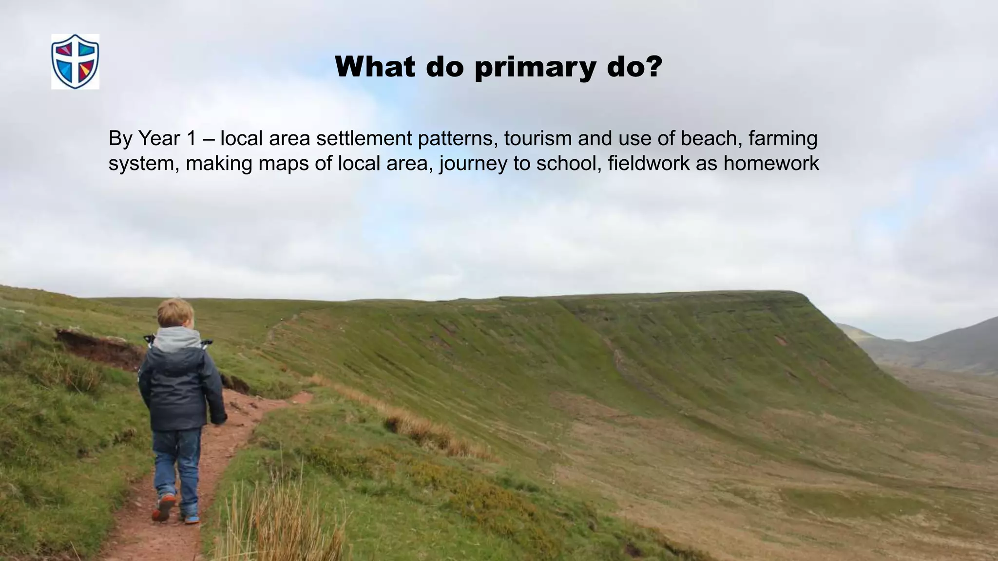 What do primary do?
By Year 1 – local area settlement patterns, tourism and use of beach, farming
system, making maps of local area, journey to school, fieldwork as homework
 
