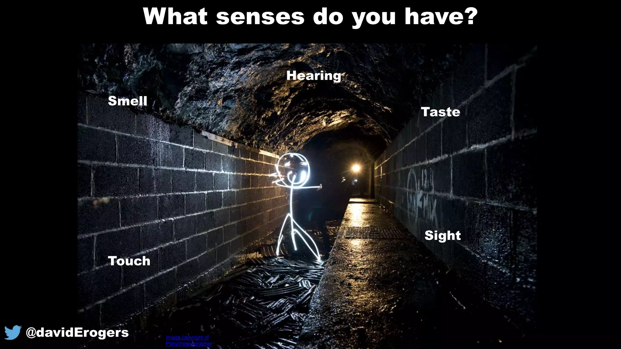 What senses do you have?
Hearing
Sight
Touch
Smell
Taste
Image copyright of
Pshychogeographer
@davidErogers
 