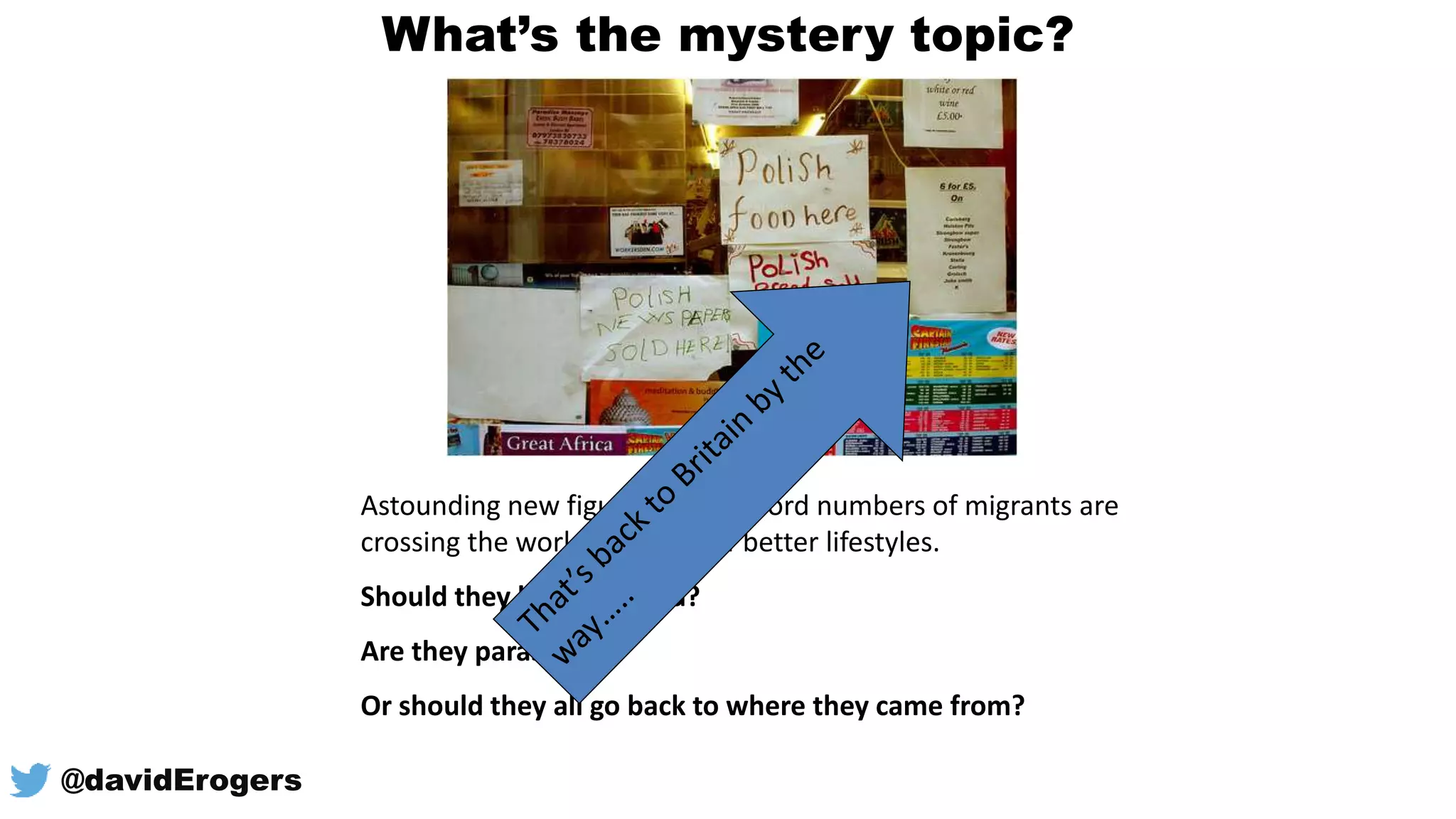 What’s the mystery topic?
Astounding new figures show record numbers of migrants are
crossing the world in search of better lifestyles.
Should they be welcomed?
Are they parasites?
Or should they all go back to where they came from?
@davidErogers
 