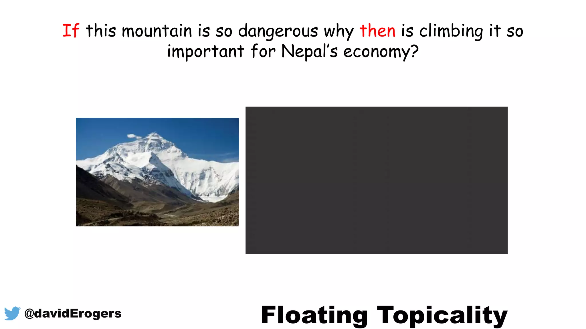 If this mountain is so dangerous why then is climbing it so
important for Nepal’s economy?
Floating Topicality@davidErogers
 