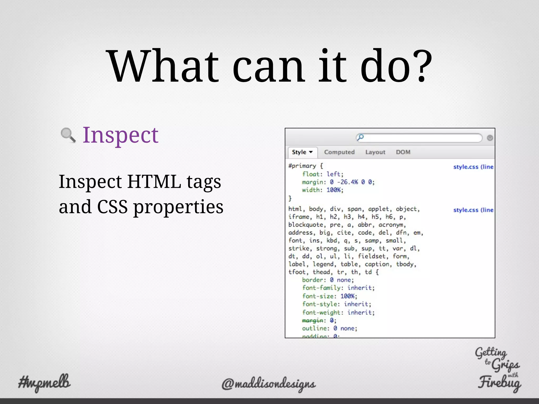 What can it do?
Inspect
Inspect HTML tags
and CSS properties
 