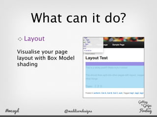What can it do?
  Layout

Visualise breakdown
of each box in the
Box Model
 