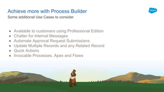 Achieve more with Process Builder
● Available to customers using Professional Edition
● Chatter for Internal Messages
● Automate Approval Request Submissions
● Update Multiple Records and any Related Record
● Quick Actions
● Invocable Processes, Apex and Flows
Some additional Use Cases to consider
 