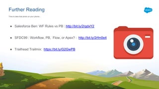 Further Reading
● Salesforce Ben: WF Rules vs PB : http://bit.ly/2rgdxY2
● SFDC99 : Workflow, PB, Flow, or Apex? : http://bit.ly/2rfm0e4
● Trailhead Trailmix: https://bit.ly/G2GwPB
Time to take that photo on your phone...
 