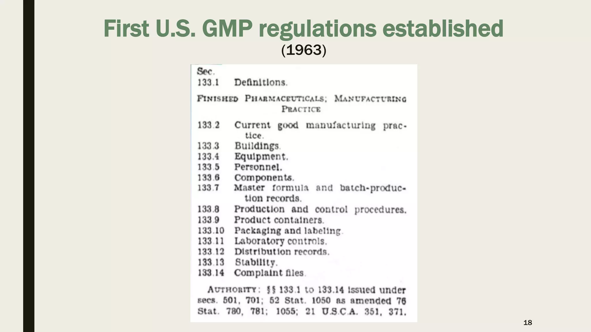 First U.S. GMP regulations established
(1963)
18
 
