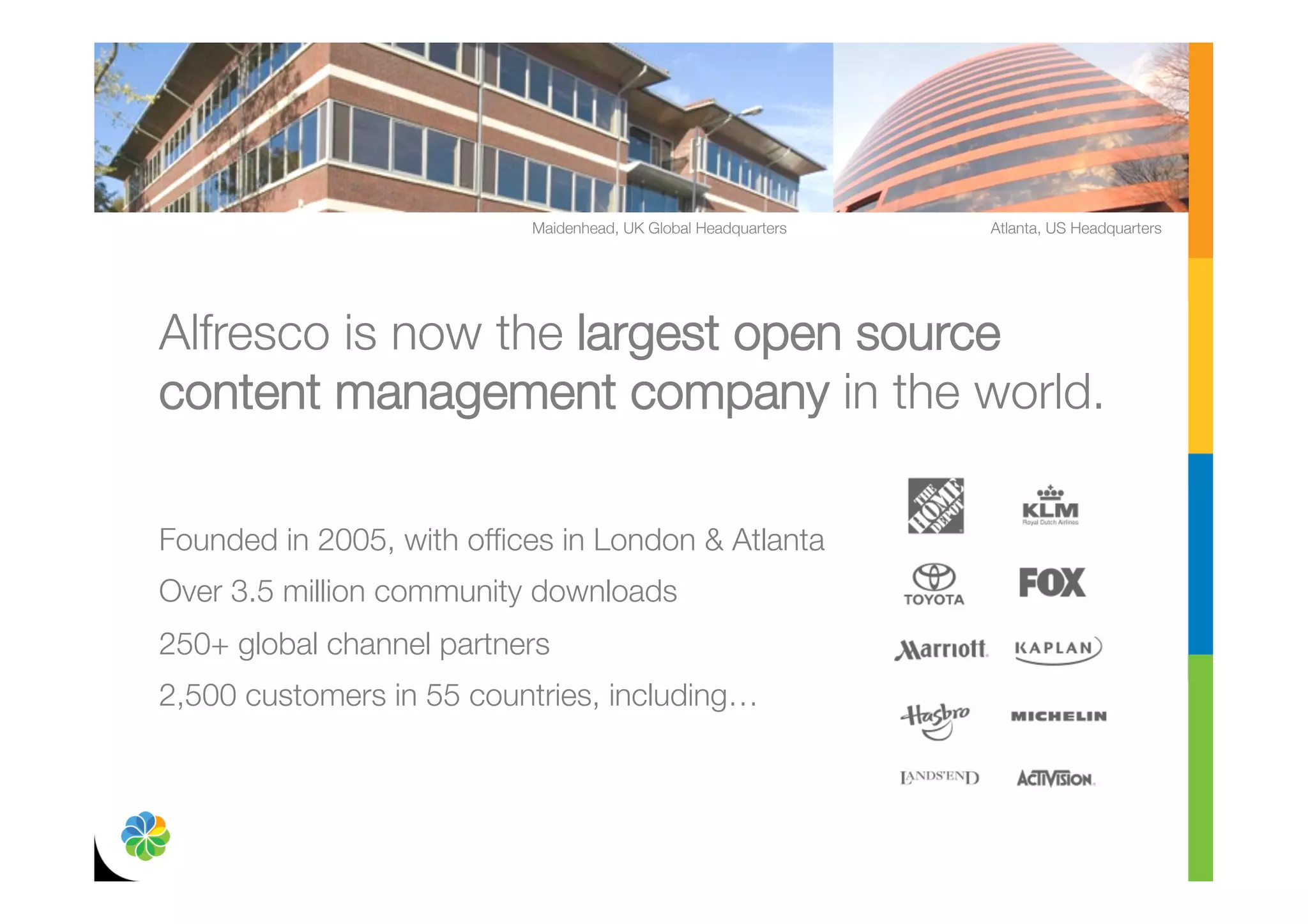 Maidenhead, UK Global Headquarters
   Atlanta, US Headquarters




Alfresco is now the largest open source
content management company in the world.

Founded in 2005, with ofﬁces in London & Atlanta
Over 3.5 million community downloads
250+ global channel partners
2,500 customers in 55 countries, including…

 