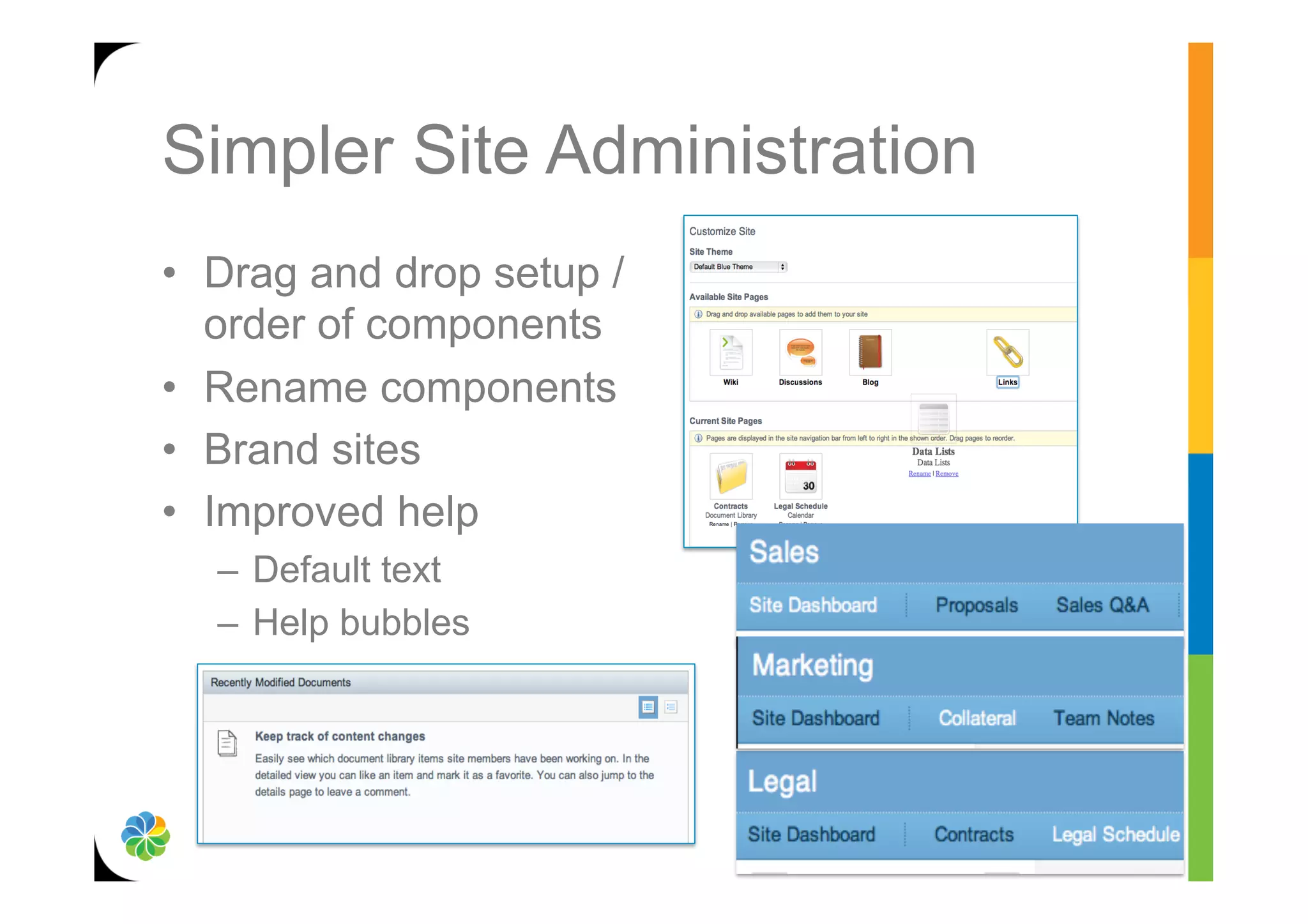 Simpler Site Administration
•  Drag and drop setup /
   order of components
•  Rename components
•  Brand sites
•  Improved help
  –  Default text
  –  Help bubbles
 