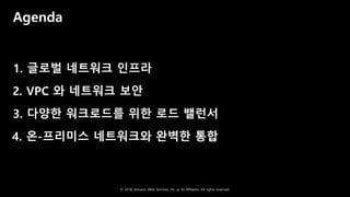 © 2018, Amazon Web Services, Inc. or Its Affiliates. All rights reserved.
Agenda
1. 글로벌 네트워크 인프라
2. VPC 와 네트워크 보안
3. 다양한 워크로드를 위한 로드 밸런서
4. 온-프리미스 네트워크와 완벽한 통합
 