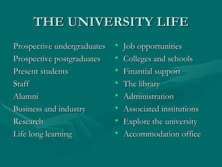 THE UNIVERSITY LIFE Prospective undergraduates Prospective postgraduates Present students Staff Alumni Business and industry Research Life long learning Job opportunities Colleges and schools Finantial support The library Administration Associated institutions Explore the university Accommodation office