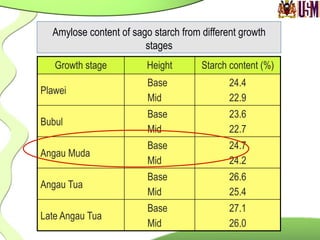 Amylose content of sago starch from different growth
stages
Growth stage Height Starch content (%)
Plawei
Base
Mid
24.4
22.9
Bubul
Base
Mid
23.6
22.7
Angau Muda
Base
Mid
24.7
24.2
Angau Tua
Base
Mid
26.6
25.4
Late Angau Tua
Base
Mid
27.1
26.0
 