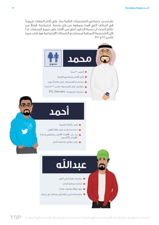 ‫5‬

‫تقديم ‪The Online Project‬‬

‫البيانات‬
‫الفيسبوك‬
‫	 •يوجد 8.7 مليون مستخدم فيسبوك في السعودية.‬
‫	 •47% من المستخد...
