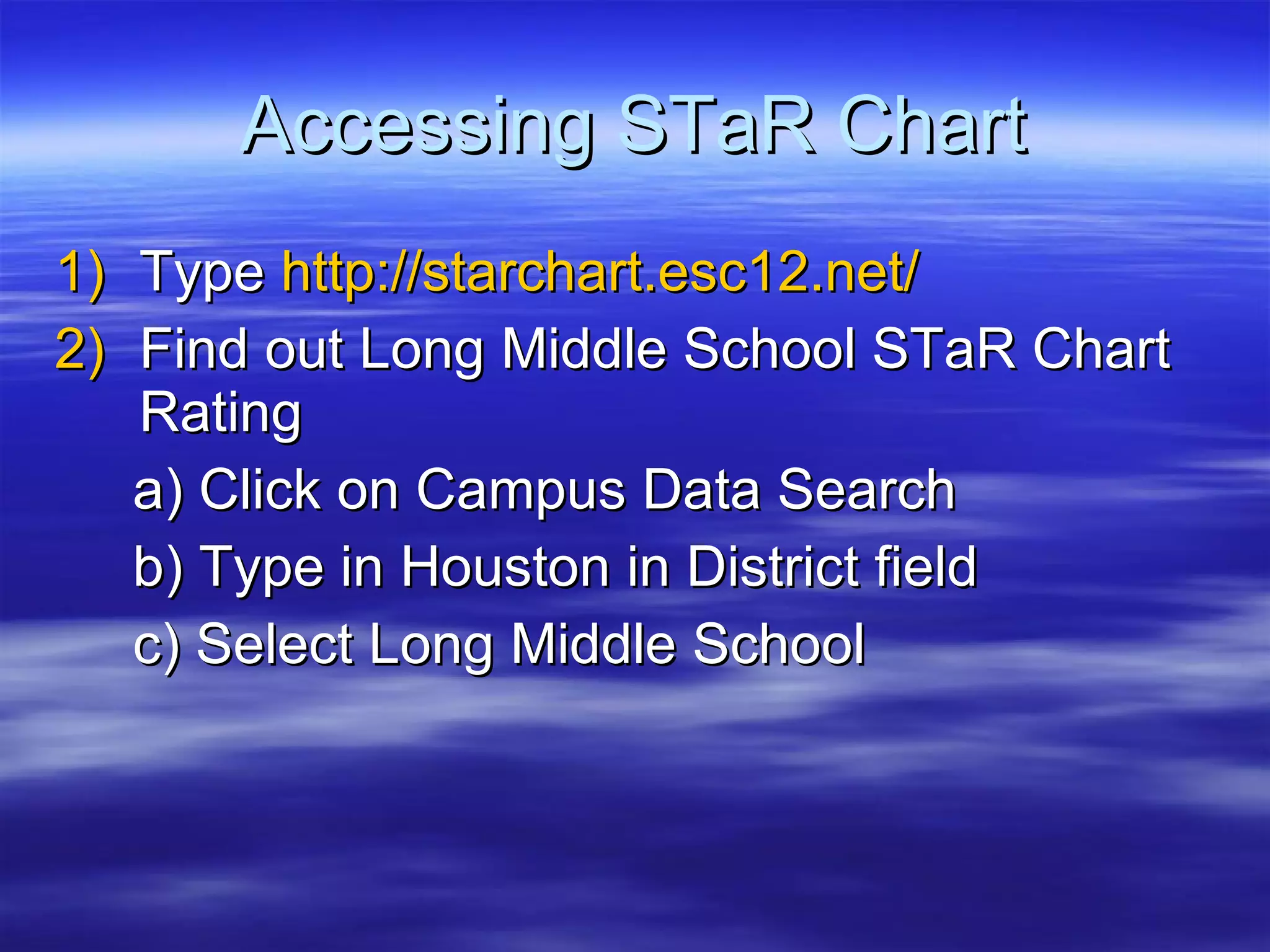 Accessing STaR Chart Type  http://starchart.esc12.net/   Find out Long Middle School STaR Chart Rating a) Click on Campus Data Search b) Type in Houston in District field c) Select Long Middle School 