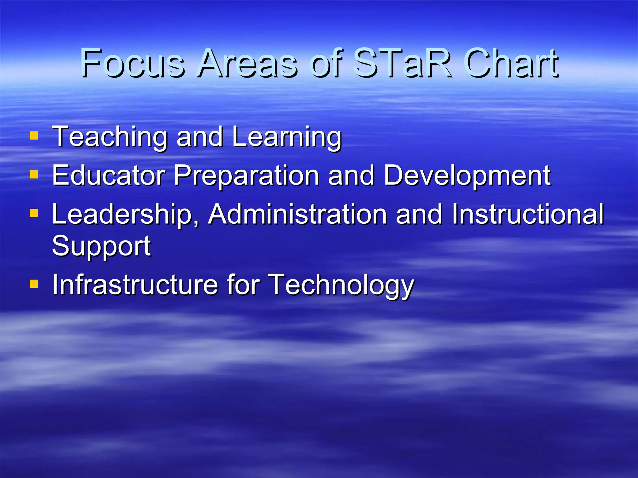 Focus Areas of STaR Chart Teaching and Learning Educator Preparation and Development Leadership, Administration and Instructional Support Infrastructure for Technology 