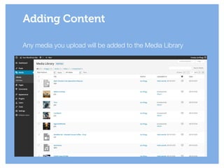 Any media you upload will be added to the Media Library
Adding Content
 