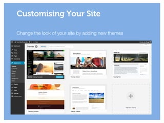 Change the look of your site by adding new themes
Customising Your Site
 